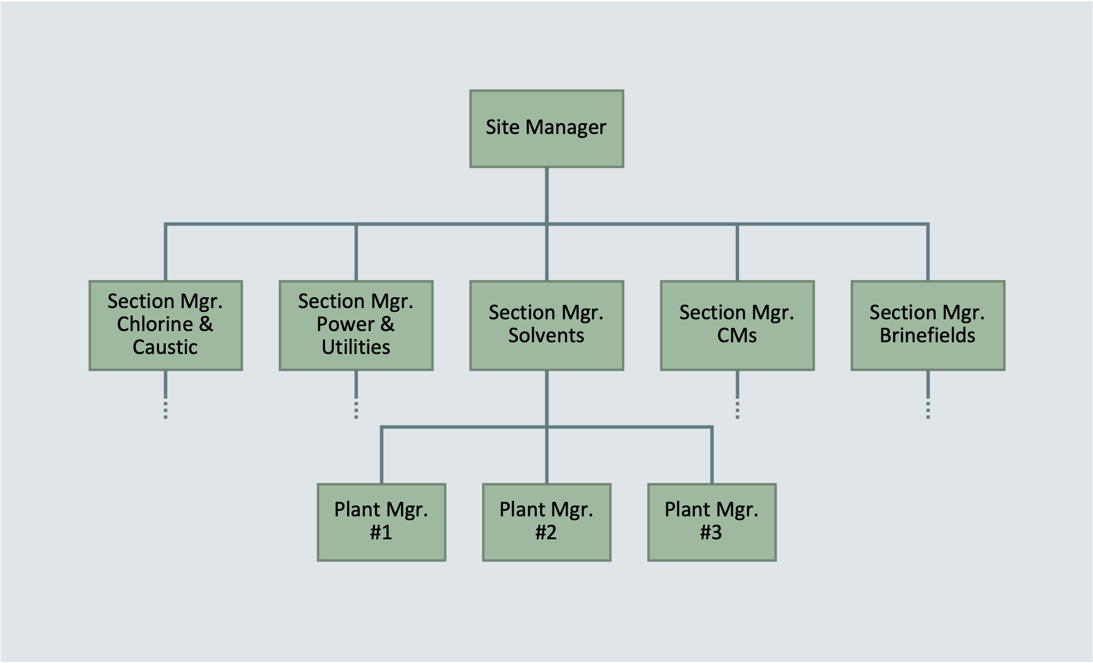 Organization chart showing plants grouped into sections, with plant managers reporting to section managers and the site manager.